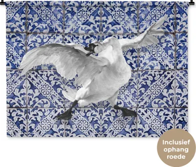 Produktbild von MuchoWow® Wandteppich Wandbehang Schwan - Kunst - Delfter Blau - Malerei - Alte Meister 120x90 cm Tapisserie Dekoration Wandtuch - Wohnen - Aufhänger für die Wand