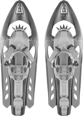A pair of grey snowshoes against a white background.