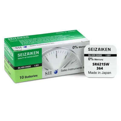 Produktbild von Seizaiken Seiko 364 SR621SW Uhrenbatterie, 1,55 V, 0 % Hg, Silberoxid, 10 Batterien, hergestellt in Japan