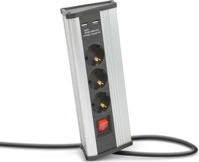 Produktbild von Winkelsteckdose mit Schalter, 3 x 250V/16A Steckdosen + 2 x USB 2,1A, Aluminiumgehäuse, kindersicher, 1,5 m Kabel [20483S]