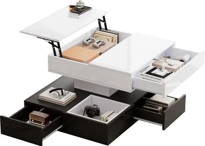 Obrázok produktu pre Konferenčný stolík 70 × 70 × 40 cm s doskou otočnou o 360°, dvojvrstvový stolík do obývačky s 3 zásuvkami, zdvíhací stolík k pohovke, odkladací stolík s úložným priestorom