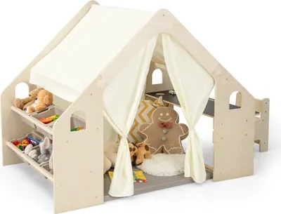 Image de Tente en bois 6 en 1 pour enfants avec table, chaise, tapis et tableau noir pour enfants 145 x 98 x 113 cm