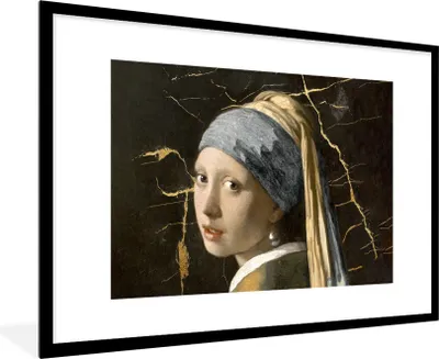 Produktbild von MuchoWow® Gerahmtes Poster Mädchen mit Perlenohrring - Vermeer - Marmor 90x60 cm - Poster mit Schwarzem Bilderrahmen Wandposter Rahmen Foto Bilder - Wanddekoration - Fotos
