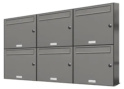 Produktbild von 6er Briefkastenanlage Aluminiumgrau RAL 9007, Briefkasten DIN A4, 6 Fach Postkasten modern Aufputz