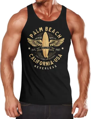 Produktbild von Herren Tank-Top Surfing Motiv Vintage Effekt Palm Beach California USA Schriftzug Fashion Streetstyle Muskelshirt Muscle Shirt Neverless® schwarz L