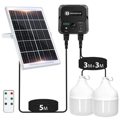 A solar panel connected to a power unit with two hanging lights and a remote control.