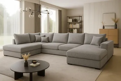 Produktbild von Ecksofa FABIO 328x182 cm mit Schlaffunktion, Bonellfederkern und Bettkasten, Farbe Grau.