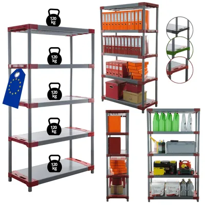 Produktbild von MODO24 Kunststoffregal, 5 Ablagen, 120kg/Boden, Schwerlast, Steckregal, Lagerregal, Plastikregal, Werkstatt, 180x120x46?cm, Rot, JUPITER