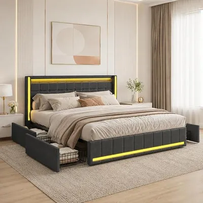 Productafbeelding van Boxspringbed 140x200 met opbergruimte, tweepersoonsbed met LED-verlichting en oplaadstation, bed met opbergruimte en 4 lades en een lattenbodem, bedframe met lattenbodem, linnenstof (grijs, 140 x 200 cm)