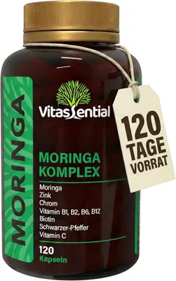 Produktbild von Moringa Komplex - hochdosiert Moringa Oleifera Pulver mit Vitamin C, B1, B2, B6, B12, Biotin, Zink & Chrom – veredelt mit 95% Piperin – 120 Kapseln