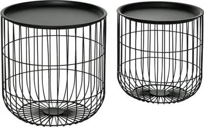 Imagen del producto de Conjunto de 2 mesas auxiliares estilo escandinavo Moonbite, mesas redondas con espacio de almacenamiento y bandeja extraíble, apilables, con diámetros de 40 y 35 cm, fabricadas en acero, color