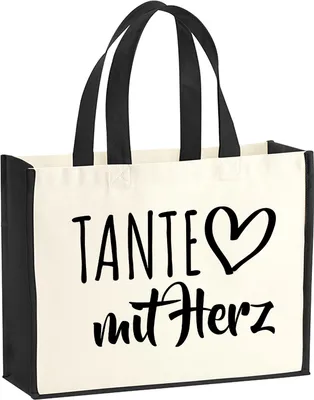 Produktbild von Huuraa Jutetasche Tante mit Herz 21 Liter Black Jute und Baumwolle Einkaufstasche Geschenkidee