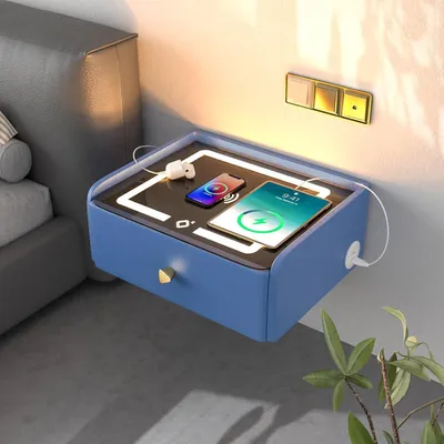 Image de Table de chevet avec tiroir, suspendue, de couleur bleue, avec éclairage LED et port USB-C