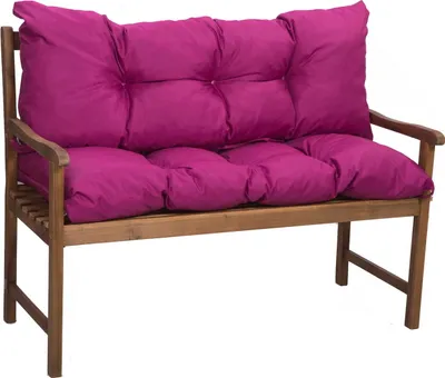 A wooden bench with a pink cushion.