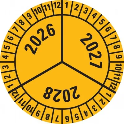 Produktbild von Dreifke® Prüfplakette 2026-2028, gelb, Dokumentenfolie, selbstklebend, Ø 40mm...