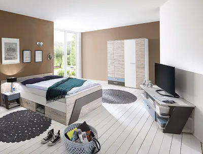 Produktbild von Jugendzimmer Set mit Bett 140x200 cm 4-teilig LEEDS-10 in Sandeiche Nb. mit weiß, Lava und Denim Blau mit Lowboard