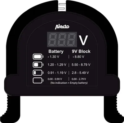 Produktbild von Alecto BTT2 - Kompakter universeller Batterietester für AA, AAA, C, D und 9V Batterien - Schwarz