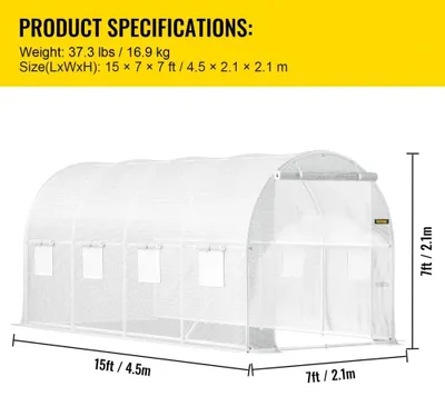 Produktbild von Kweekkas – Tunnelgewächshaus – Gewächshauskästen – Gewächshaus – Tomatenhaus – 15x7x7 Fuß – Stahlrahmen – Weiße PE-Abdeckung