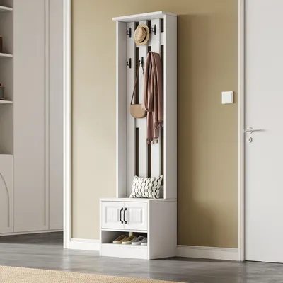 Produktbild von MODFU Garderobenständer mit integrierter Schuhbank – Flurmöbel-Set mit 2 Türen, Rückwand und 8 Haken, platzsparende Garderobe Flurständer in Weiß