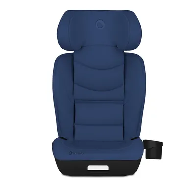 A blue car seat with a black base and a black cup holder on the side, shown from the front.