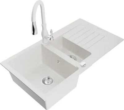 Produktbild von Mexen Matias 1,5-Becken-Granitspüle mit Abtropffläche und Mischbatterie Savita, Weiß - 6502-20-672601-20