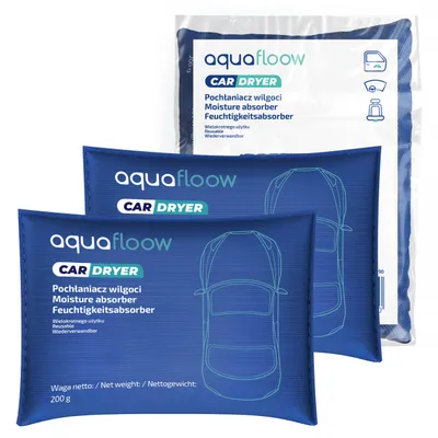 Three blue moisture absorber bags for cars, with one bag in the background and two in the foreground.