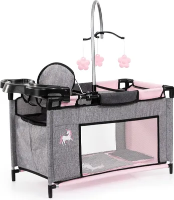 Produktbild von Poppenbett mit integrierter Kinderstuhl und Schrankfach - mobiles Kissen und Bettdecke - Jeans grau rosa - Spielzeugpuppenmöbel Puppenstuhl