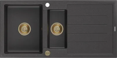 Produktbild von Mexen Andres 1,5-Becken-Granitspüle mit Abtropffläche 1000 x 500 mm Schwarz gesprenkelt, Siphon Gold - 6515101510-76-G