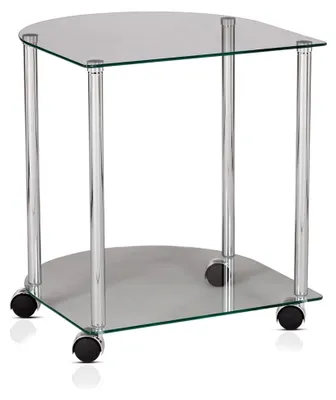 Produktbild von Halbrunder Beistelltisch aus Sicherheitsglas mit Ablagefach, Metallgestell in Silber-Chrom und Rollen, Sofatisch oder Nachttisch für Wohnzimmer oder Schlafzimmer, belastbar bis 5 kg, 45x42x41 cm