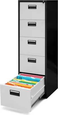 A filing cabinet with one drawer open, showing colorful file folders.