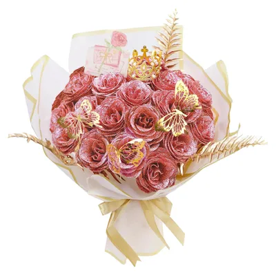 Image de Bouquet de 24 roses pailletées, roses artificielles à composer soi-même avec des fleurs pailletées et une couronne, carte postale, bouquet de roses pailletées, bouquet de fleurs artificielles roses pour la Saint-Valentin, un mariage, un anniversaire ou Noël