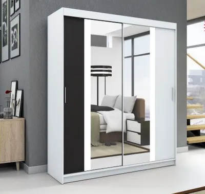 Produktbild von Schwebetürenschrank, 2-türig Schrank! Moderne Garderobe für Kleidung. Verschiedene Farben (Weiß, Schwarz, Somona) Kleiderschrank BRUNI 180 cm