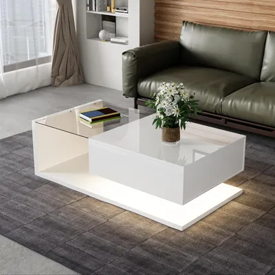 Image de MODFU Table Basse 105x55x32,5 cm - 1 Tiroir avec Éclairage LED - Blanc