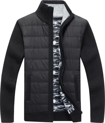 Produktbild von ASKSA Herren Stehkragen Strickjacke Warm Fleece Gestrickt Cardigan Wintermantel mit Reissverschluss Mantel, Schwarz, L
