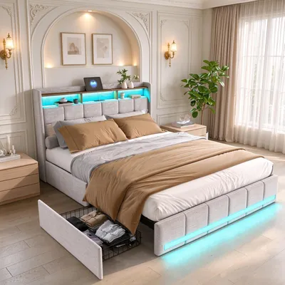 Productafbeelding van INONEFT Gestoffeerd bed 160x200 cm met USB- en Type-C-aansluitingen, eenpersoonsbed/tweepersoonsbed met 4 lades, bed met opbergruimte, lattenbodem en LED-verlichting, linnen, beige