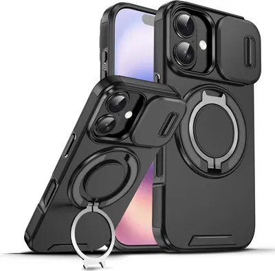 Obrázek produktu pro Dvouvrstvé pouzdro pro iPhone 17, s posuvným krytem fotoaparátu a magnetickým kroužkovým stojánkem Černý