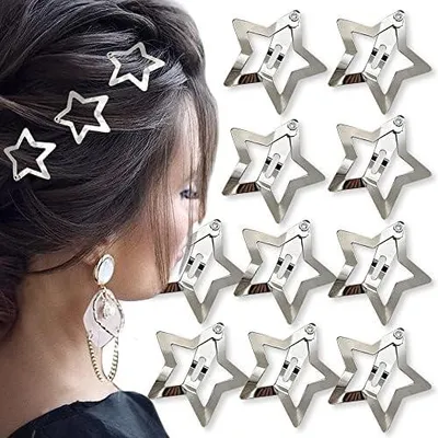 Produktbild von 10 silberne Stern-Haarspangen für Damen und Mädchen, kleine Metall-Haarclips mit hohlem Sternmotiv