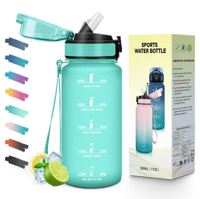 Produktbild von Trinkflasche 500ml mit Strohhalm, auslaufsicher, Motivationsskala, Mulbijeo