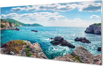Produktbild von Glasbilder 100x50 Wandkunst Griechenland Meer Berge