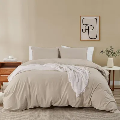 Produktbild von Bettwäsche 200x220 cm Beige Mikrofaser Bügelfrei Knitterfrei 2er Set mit 80x80 cm Kissenbezügen Reißverschluss