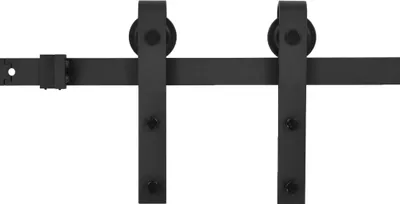 A black metal sliding door hardware set is shown against a white background.
