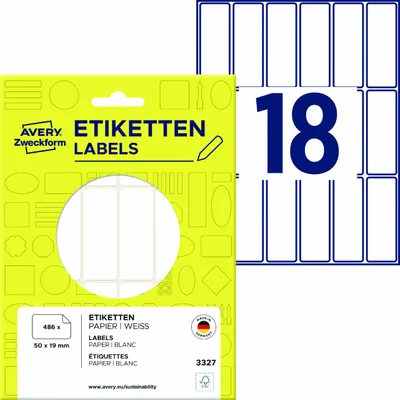 Produktbild von Avery Zweckform 3327, Vielzweck-Etiketten, 50 x 19 mm, 486 Etiketten / 27 Bögen, Weiß