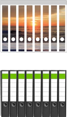 Produktbild von Wallario 8 Stück schmale Ordner inkl. Klebeetiketten mit Motive Sonne über dem Meer -  Set mit Rückenschildern / Ordnerrücken Stickern