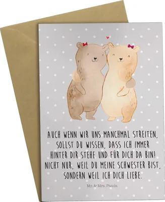 Produktbild von Mr. & Mrs. Panda Grußkarte Bären Schwestern - Grau Pastell - Geschenk, Sis, valentinstagskarte, einladungskarten, weihnachtskarten, Geschwisterliebe, Schwester, Muttertag
