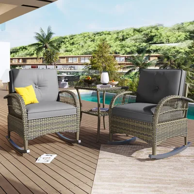Immagine prodotto di LVHOM Set di mobili da balcone 3 pezzi con cuscini, set di mobili da giardino in polyrattan con tavolo, set di sedie a dondolo da giardino, sedie da giardino, set da balcone 3 pezzi, grigio