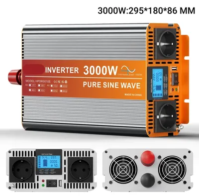 Imagen del producto de Convertidor de potencia de 3000W - Convertidor de corriente - Inversor - 24V a 220V - DC a AC - 2 enchufes europeos y 1 puerto USB