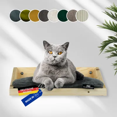 Produktbild von Rohrschneider Katzentreppe Wand |  EU | Kletterwand Katzen mit waschbarem Kissen o. Stoffeinlage | Kiefernholz | Natur | belastbar bis 30 kg | B 40 x T 28 x H 15 cm | inkl. Montage Material, Farbe:dunkelgrau, Material:waschbares Kissen Cord