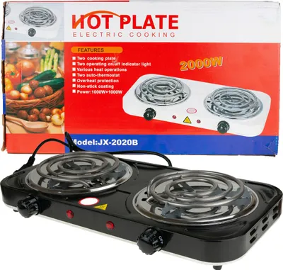 The image shows the packaging and the product itself, a double electric hot plate.