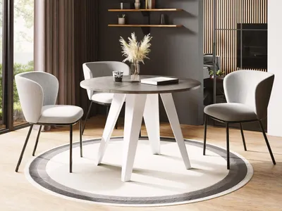 Produktbild von Esstisch Glory Weiß im Industriestil - Modern, Rund - Ausziehbar von 100 cm bis 140 cm, Pulverbeschichtete Metallbeine - Chicago Beton Grau