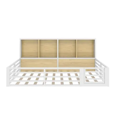Produktbild von Merax Kinderbett 140x200 cm, mit Zäune, LED, Groß Ablagefächern, Bodenbett, Flachbett, Eisenbett, Jugendbett, Weiß